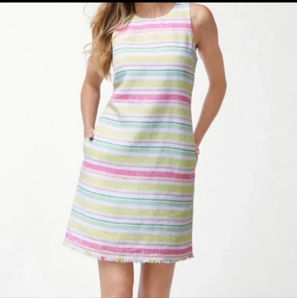 SZ XS Tommy Bahama Tulum Pastel Striped Linen Shift Dress - Picture 2 of 7